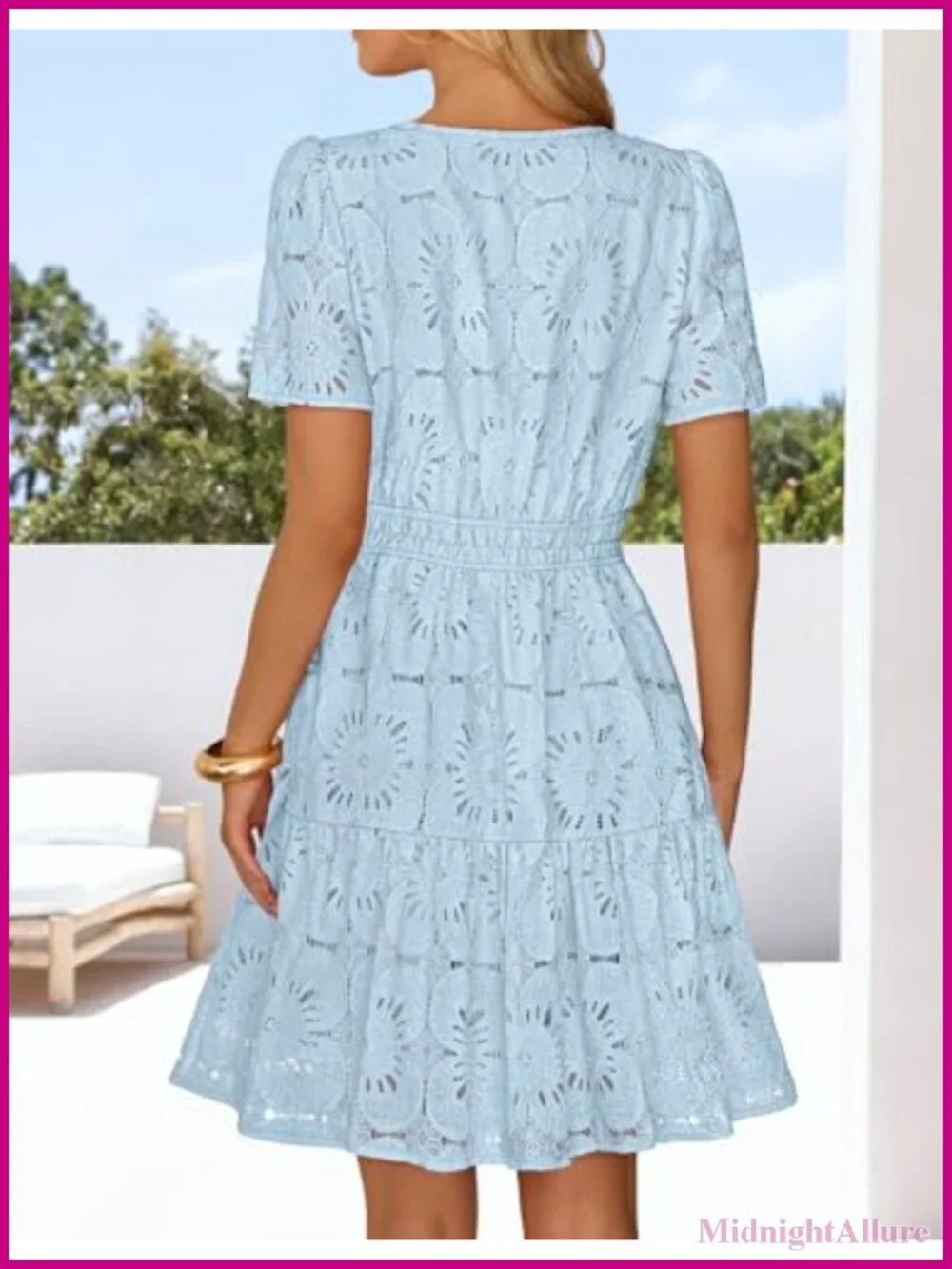 Women's Eyelet Lace Boho Mini Dress, Short Sleeve, A-Line, Notch Neck